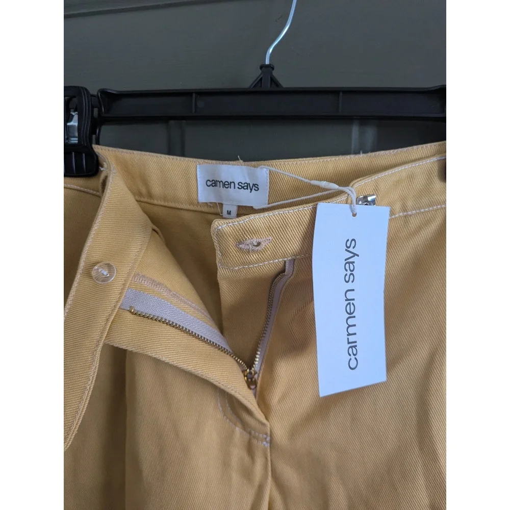 NWT Carmen Says Desk Pale Yellow Denim Bermuda Shorts Cotton Pleated Medium